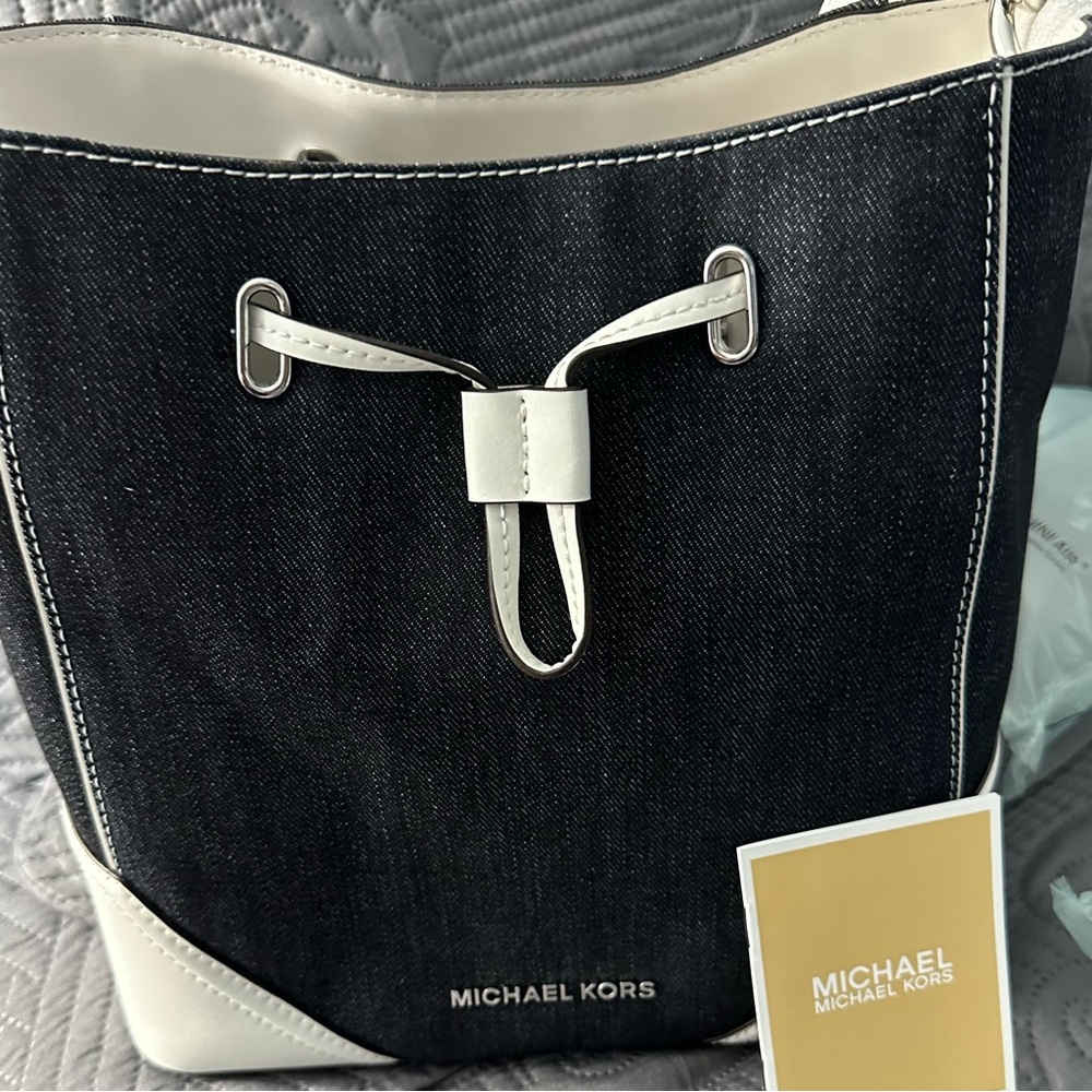 Michael Kors White and Navy Denim Bucket Bag
